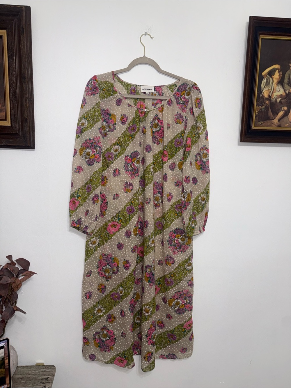 Antik Batik White Floral Midi Dress with Pink and Green Accents - Picture 3 of 10